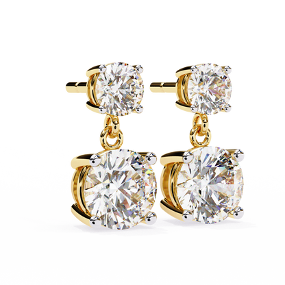 Yellow gold round cut lab grown diamond drop earrings with double stone design