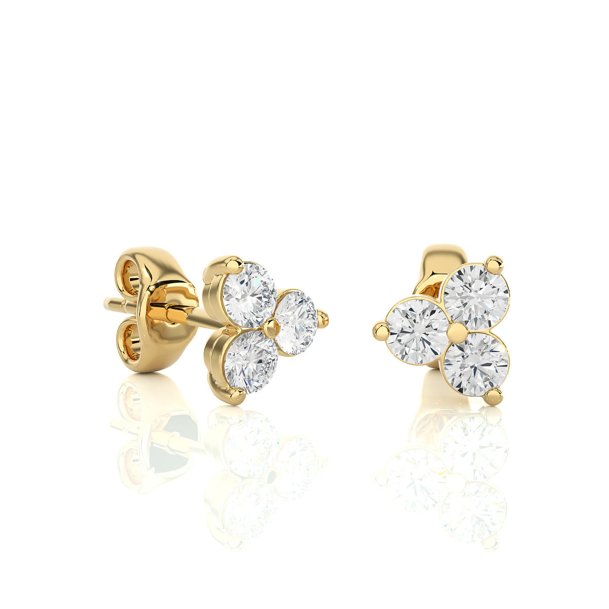 3 Stone Round Diamond Stud Earrings 14K Solid Gold Colorless Natural And Lab Diamond Earring - HIGHCARAT DIAMONDS