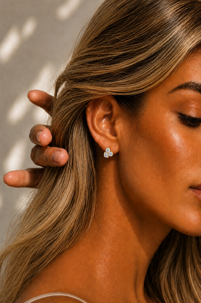 3 Stone Round Diamond Stud Earrings 14K Solid Gold Colorless Natural And Lab Diamond Earring - HIGHCARAT DIAMONDS #wearthelook
