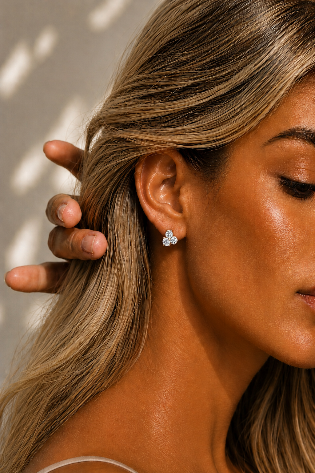 3 Stone Round Diamond Stud Earrings 14K Solid Gold Colorless Natural And Lab Diamond Earring - HIGHCARAT DIAMONDS #wearthelook