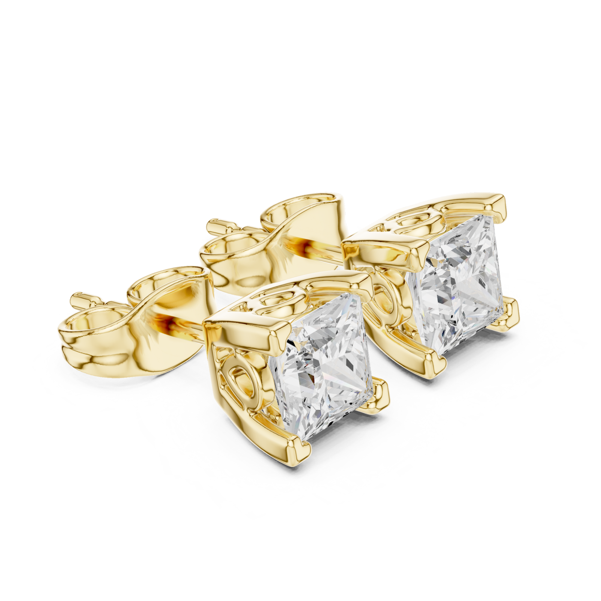 Princess Cut Solitaire Lab Grown Diamond Yellow Gold Stud Earring