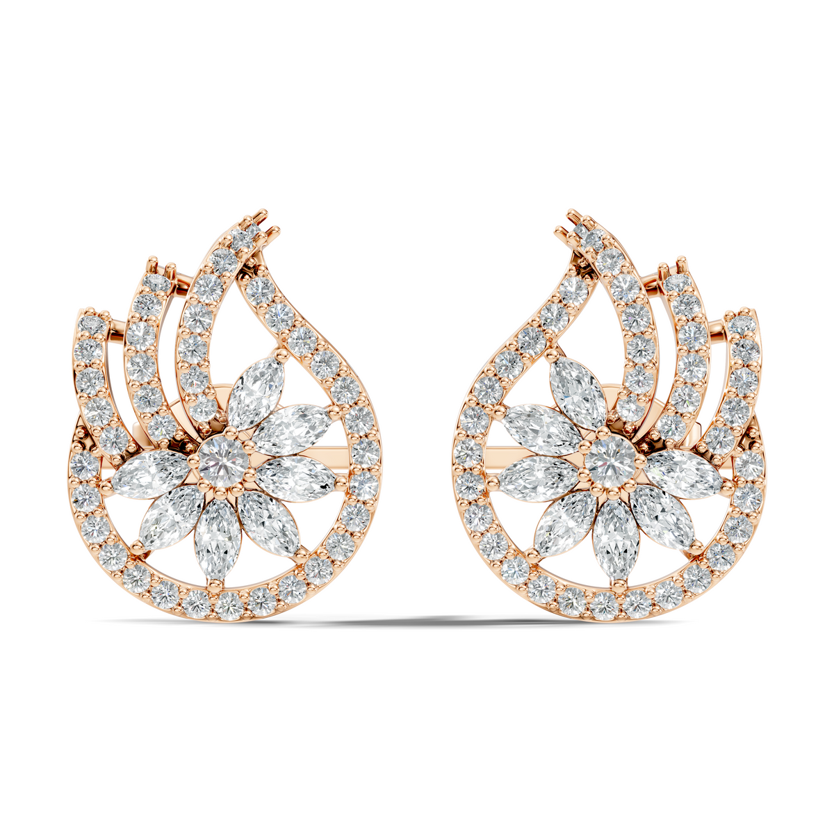 Vintage 14K Solid White Gold Marquise & Round Diamond Stud Earrings For Women's - HIGHCARAT DIAMONDS
