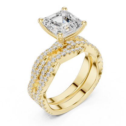 Asscher Cut  Lab Grown Diamond 14k Solid Gold  Wedding Bridal Set Hidden Halo Ring For women's - HIGHCARAT DIAMONDS