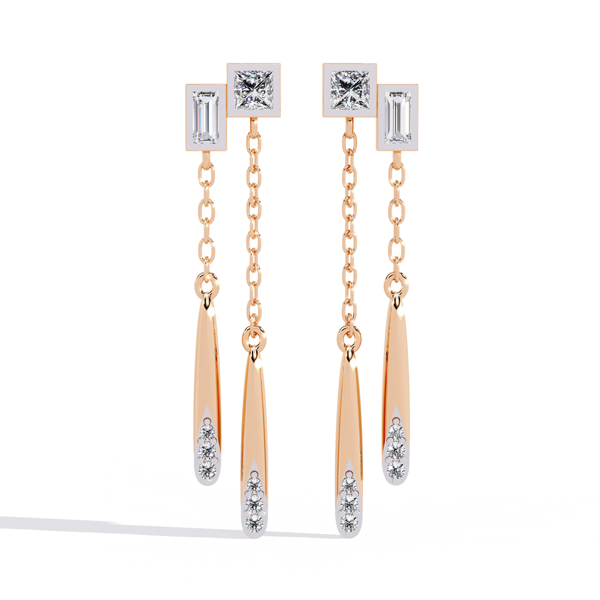 Baguette And Princess Cut Diamond Elegant Classic 10K Solid Yellow Gold Chain Drop Earring Gift For Women's - HIGHCARAT DIAMONDS