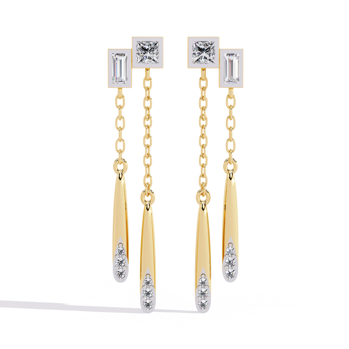 Baguette And Princess Cut Diamond Elegant Classic 10K Solid Yellow Gold Chain Drop Earring Gift For Women's - HIGHCARAT DIAMONDS