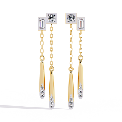 Baguette And Princess Cut Diamond Elegant Classic 10K Solid Yellow Gold Chain Drop Earring Gift For Women's - HIGHCARAT DIAMONDS
