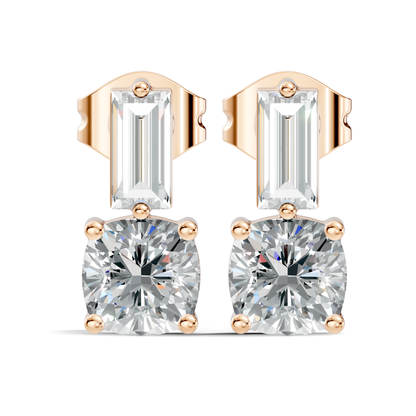 Baguette & Cushion Cut Studs Prong Set Lab grown Diamond Earring - HIGHCARAT DIAMONDS