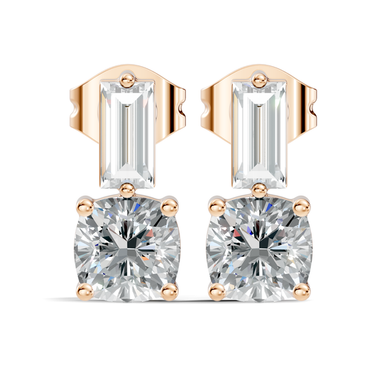 Baguette & Cushion Cut Studs Prong Set Lab grown Diamond Earring - HIGHCARAT DIAMONDS