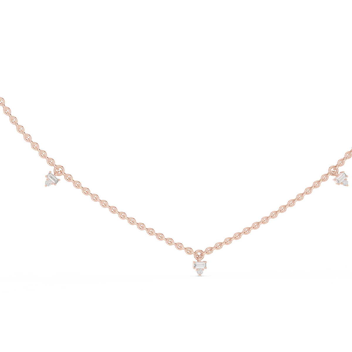 14k Solid Rose Gold 5 Stone Round & Baguette Square Shape Lab Grown & Natural Diamond Simply Classic Look Diamond Necklace - HIGHCARAT DIAMONDS