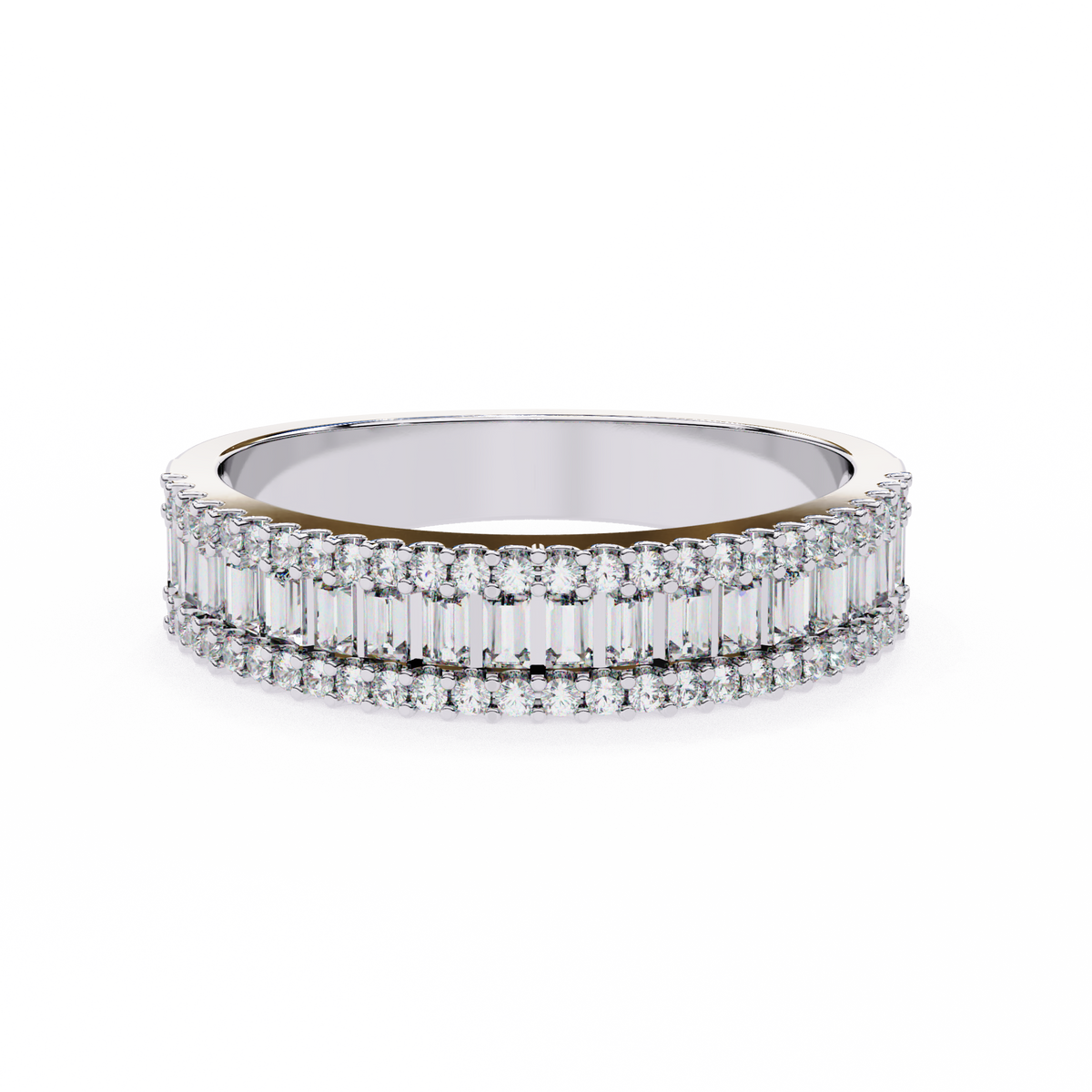 Front view of baguette and round lab diamond three row wedding band in white gold