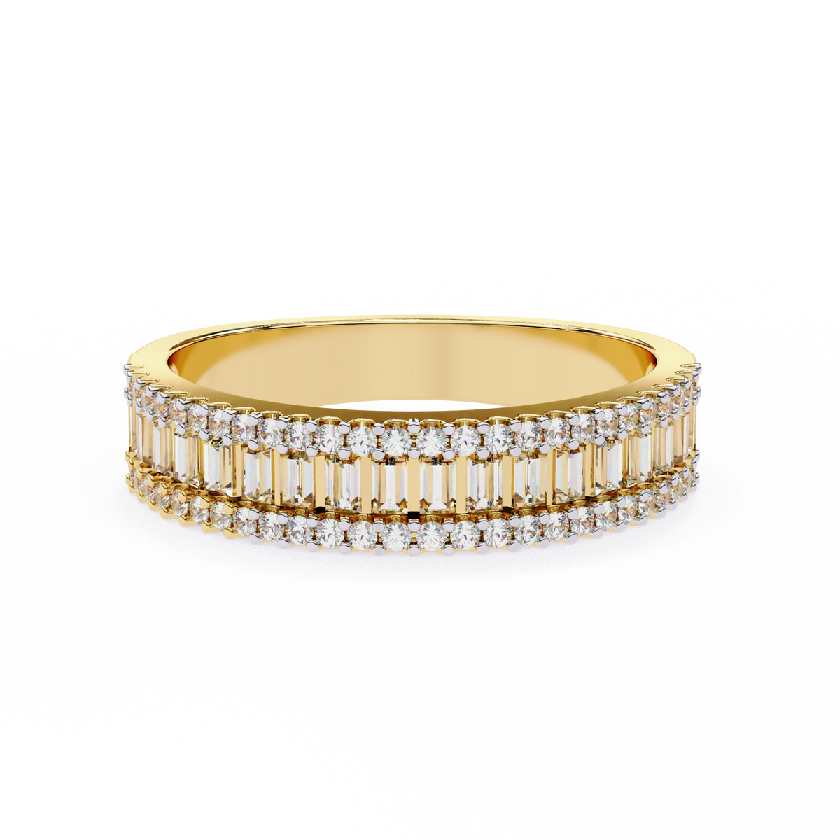 Yellow gold three row diamond band with baguette center stone design