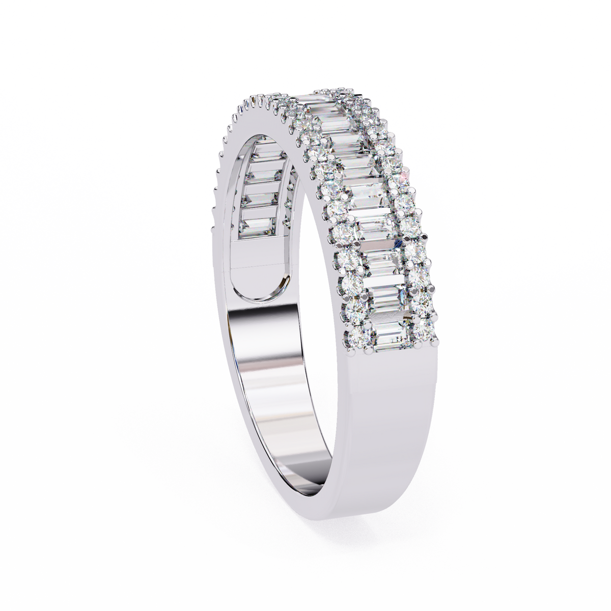 Side profile of baguette and round diamond wedding band with layered setting