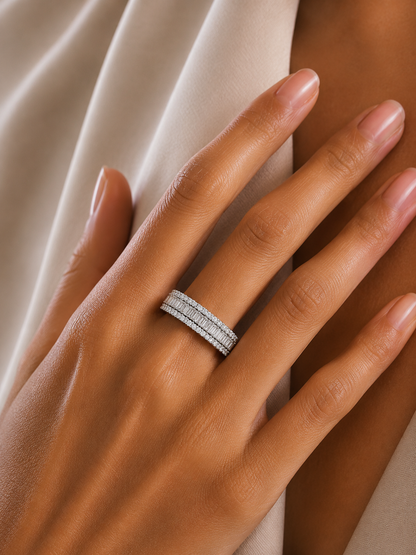 Baguette & Round Diamond Three Row Wedding Band - HIGHCARAT DIAMONDS