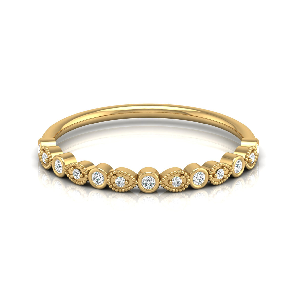 Bezel-Set Round Diamond Band Ring With Milgrain Detailing Vintage Style In 14K Solid Gold - HIGHCARAT DIAMONDS