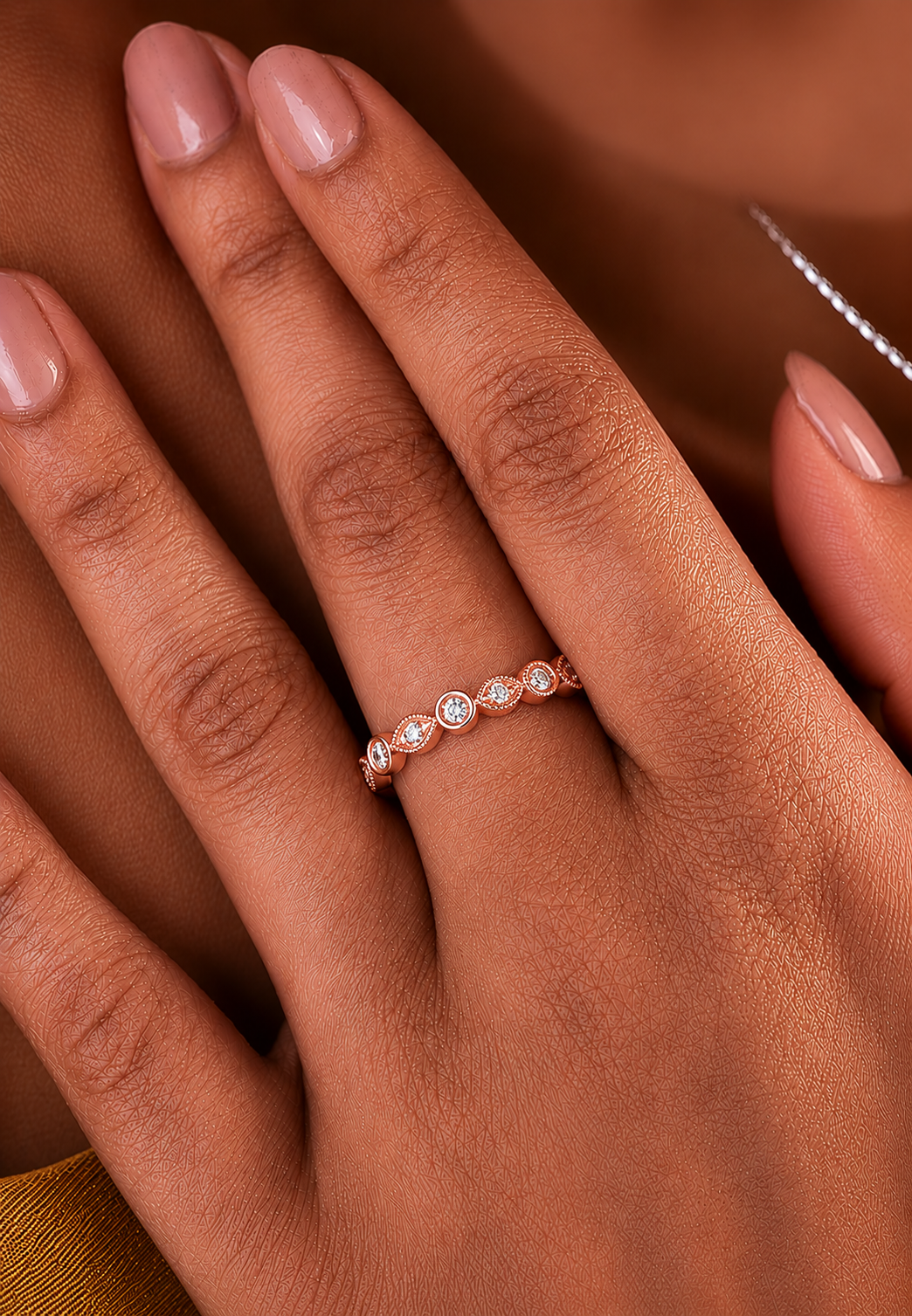 Bezel-Set Round Diamond Band Ring With Milgrain Detailing Vintage Style In 14K Solid Gold - HIGHCARAT DIAMONDS