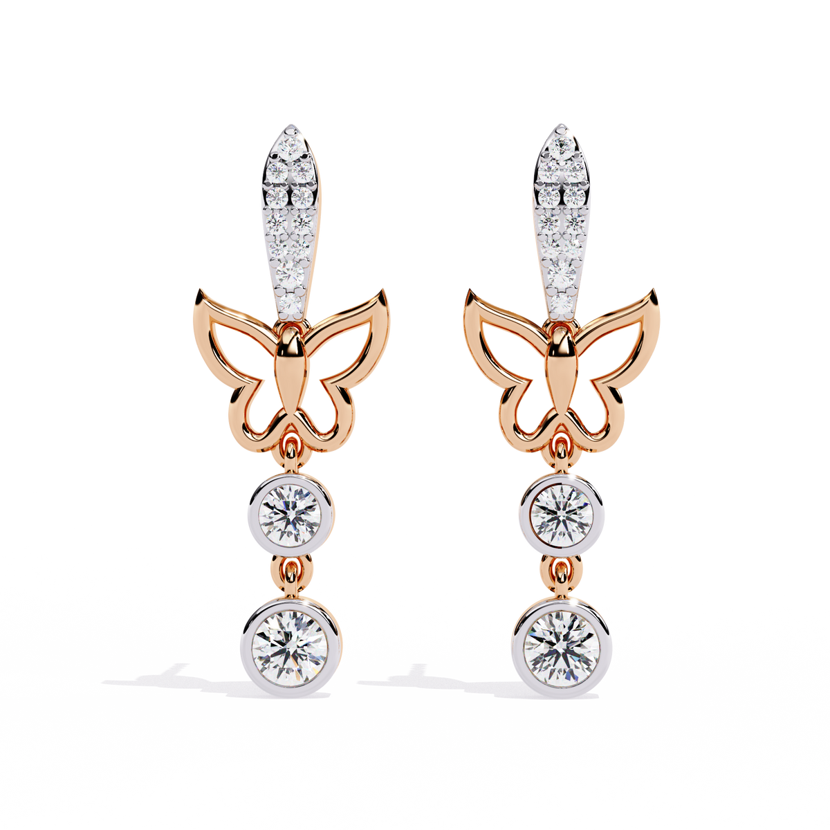 Butterfly shape drop earrings with bezel set diamonds