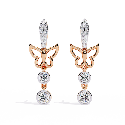 Butterfly shape drop earrings with bezel set diamonds