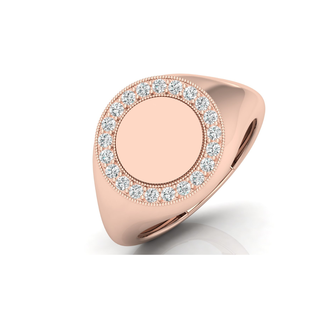 Classic Round Pave Diamond Signet Ring Personalized Unisex Solid Gold Ring in 14K - HIGHCARAT DIAMONDS