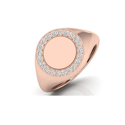 Classic Round Pave Diamond Signet Ring Personalized Unisex Solid Gold Ring in 14K - HIGHCARAT DIAMONDS