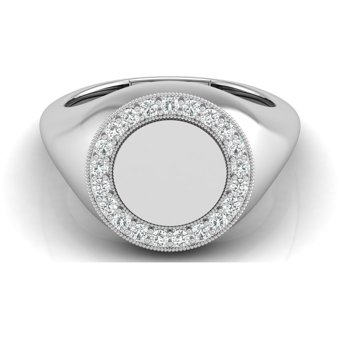 Classic Round Pave Diamond Signet Ring Personalized Unisex Solid Gold Ring in 14K - HIGHCARAT DIAMONDS