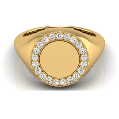 Classic Round Pave Diamond Signet Ring Personalized Unisex Solid Gold Ring in 14K - HIGHCARAT DIAMONDS