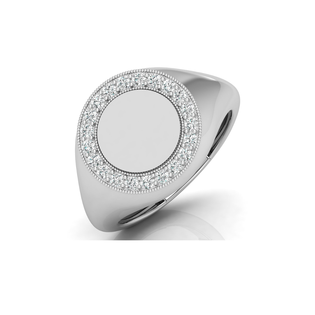 Classic Round Pave Diamond Signet Ring Personalized Unisex Solid Gold Ring in 14K - HIGHCARAT DIAMONDS