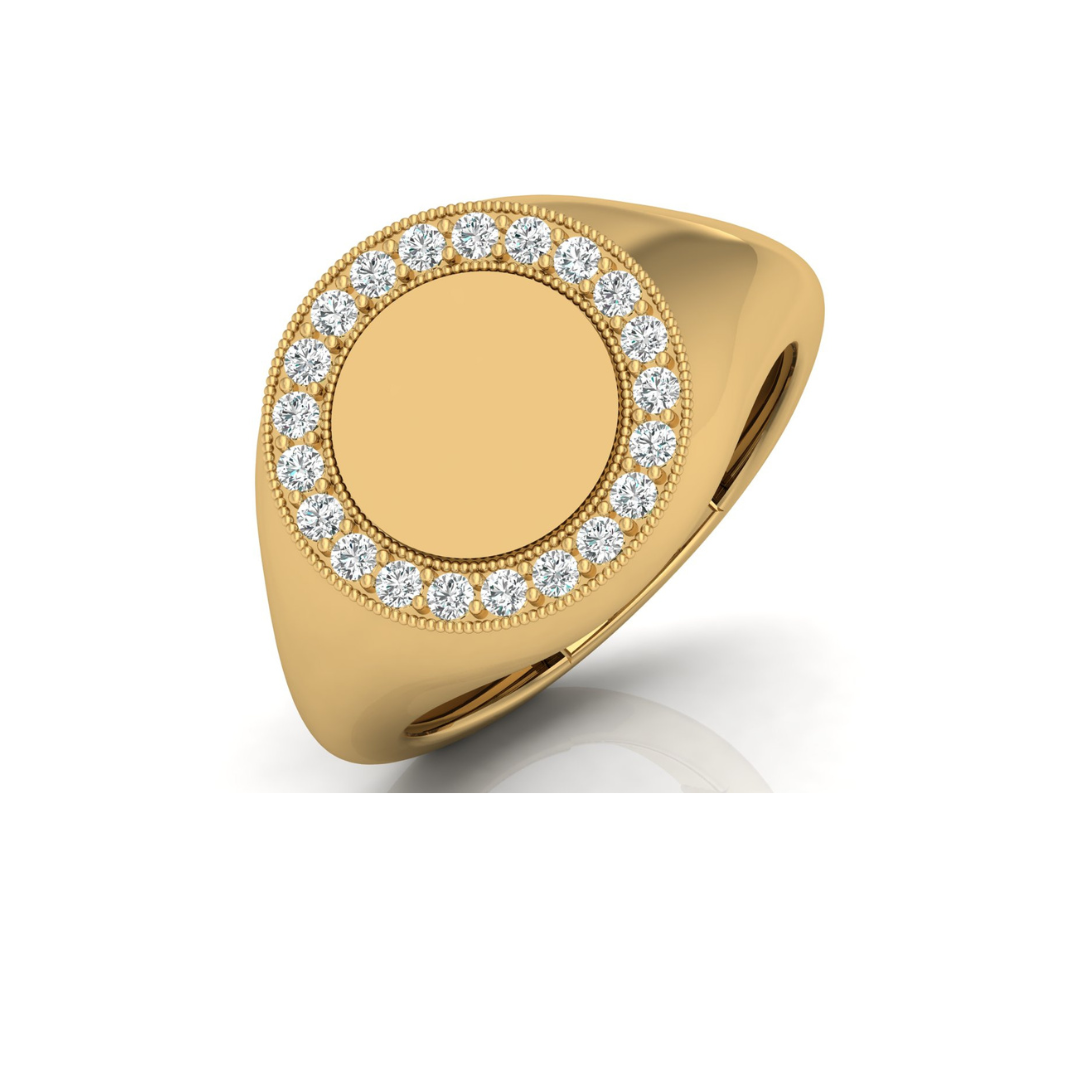 Classic Round Pave Diamond Signet Ring Personalized Unisex Solid Gold Ring in 14K - HIGHCARAT DIAMONDS