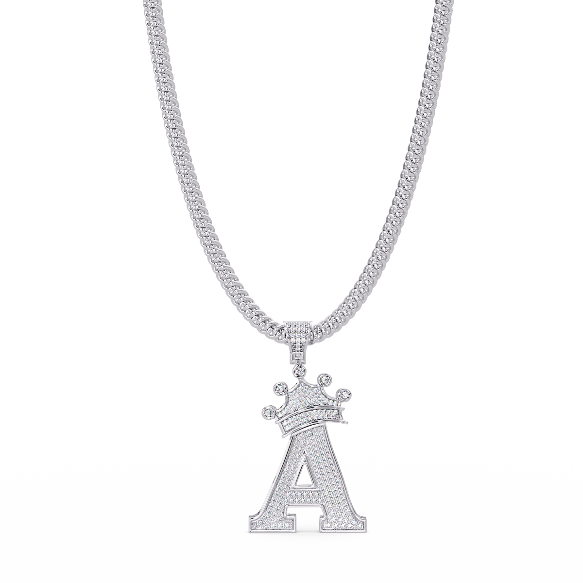 Crowned Letter A Iced Diamond Initial Pendant Necklace - HIGHCARAT DIAMONDS