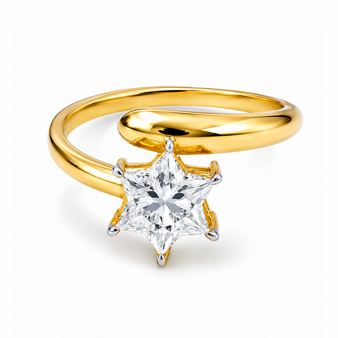 David Star Cut Lab Grown Diamond Solitaire Yellow Solid Gold Ring - HIGHCARAT DIAMONDS