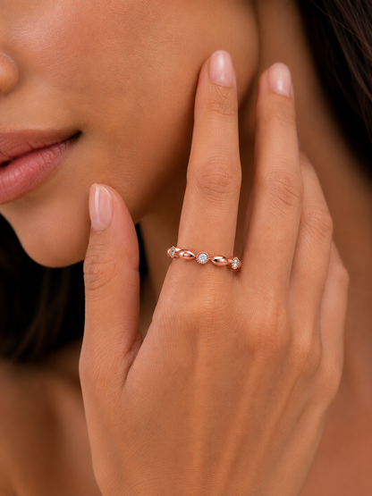Delicate Beaded Diamond Band 14K Solid Gold Stackable Ring with Round Diamonds - HIGHCARAT DIAMONDS
