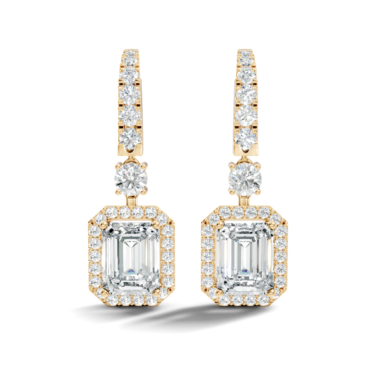 Yellow gold emerald cut halo diamond drop earrings with hanging design