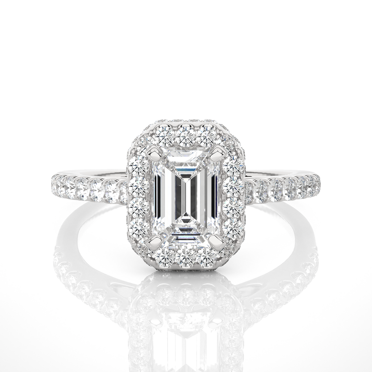 Front view of emerald cut lab grown diamond halo engagement ring