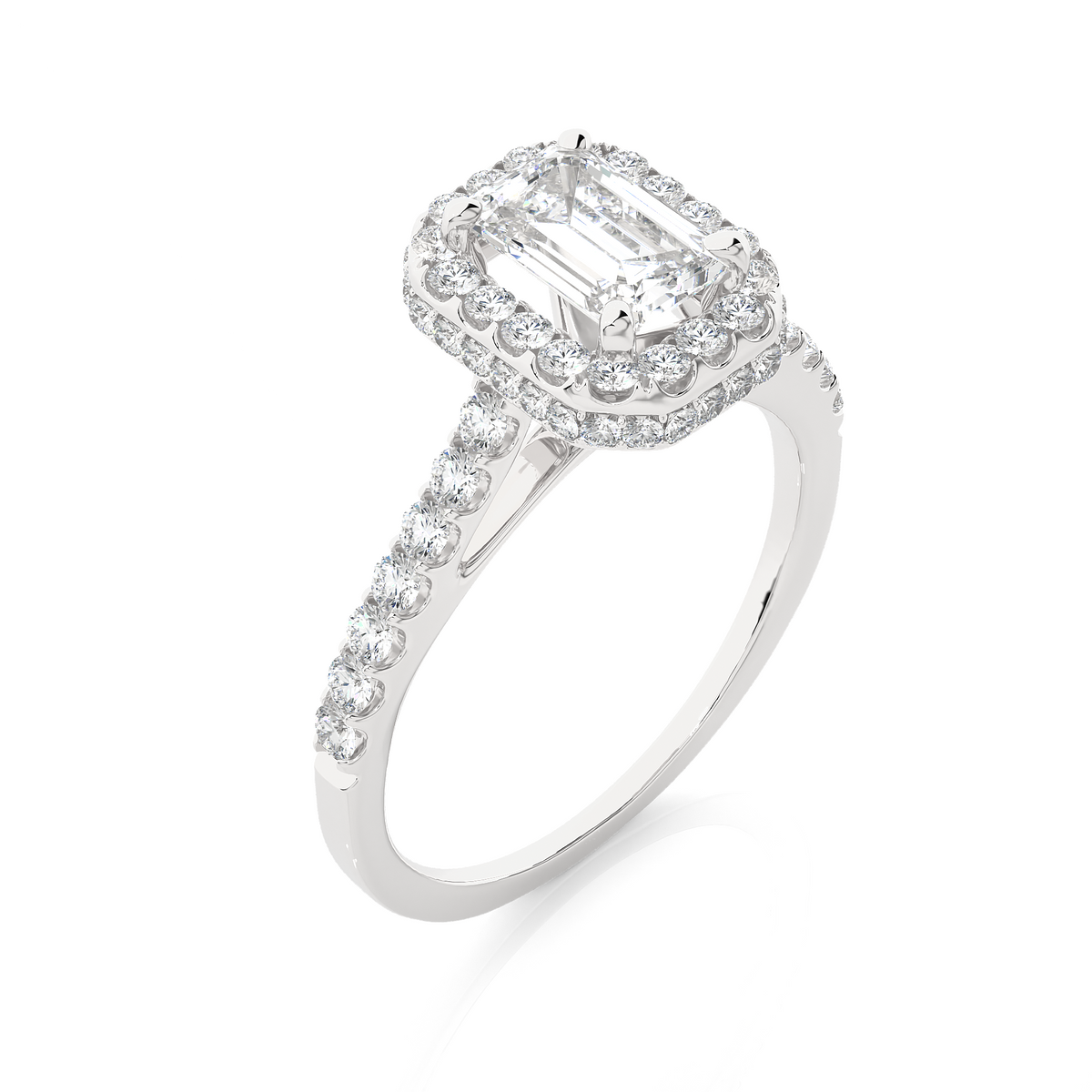 Rectangular emerald cut engagement ring with diamond accented band
