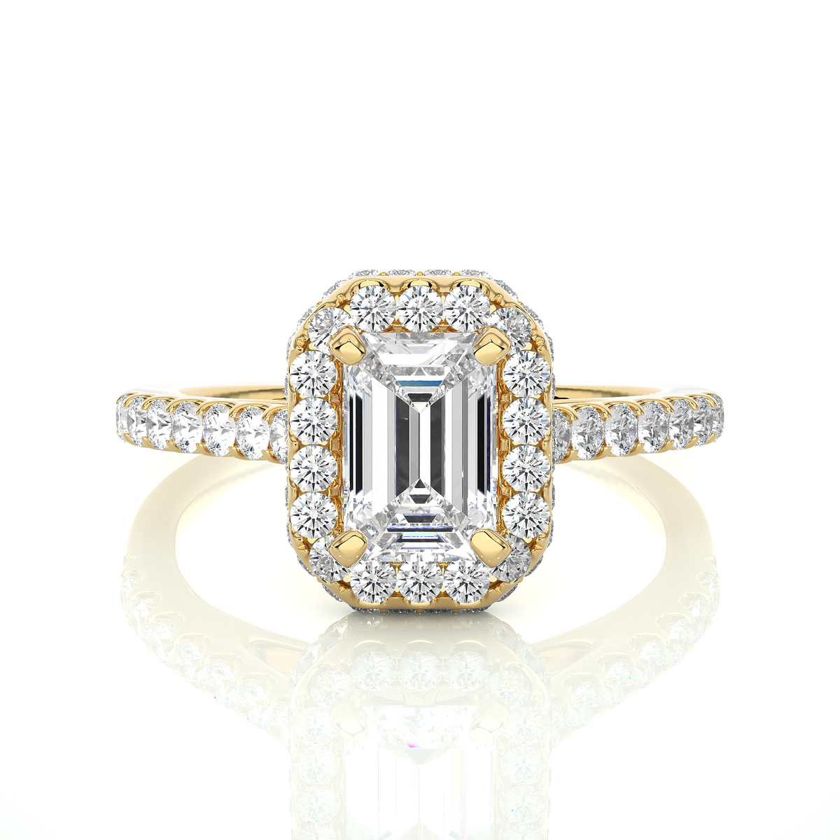 Yellow gold engagement ring with emerald cut center diamond