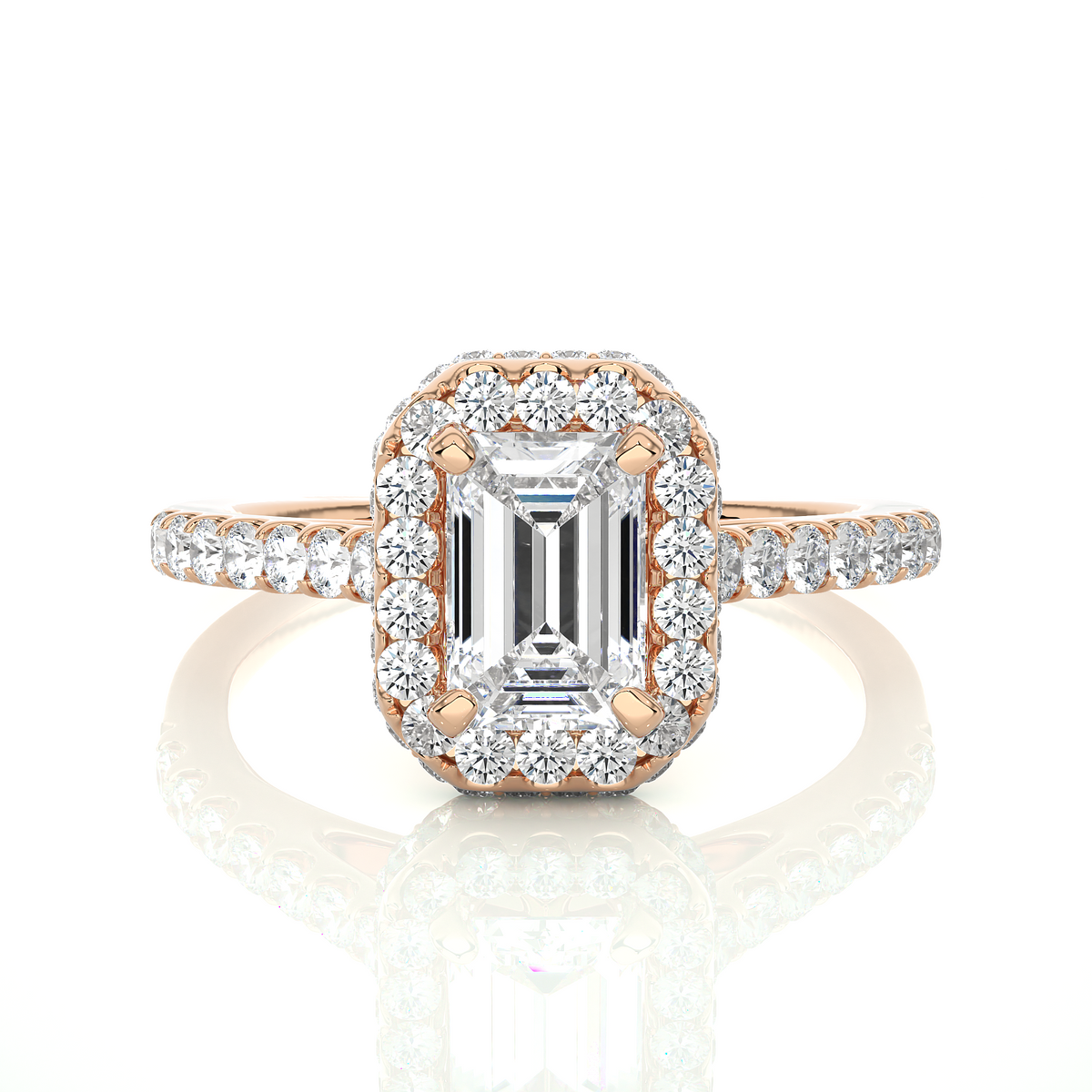 Close up of emerald cut diamond halo ring with pavé band