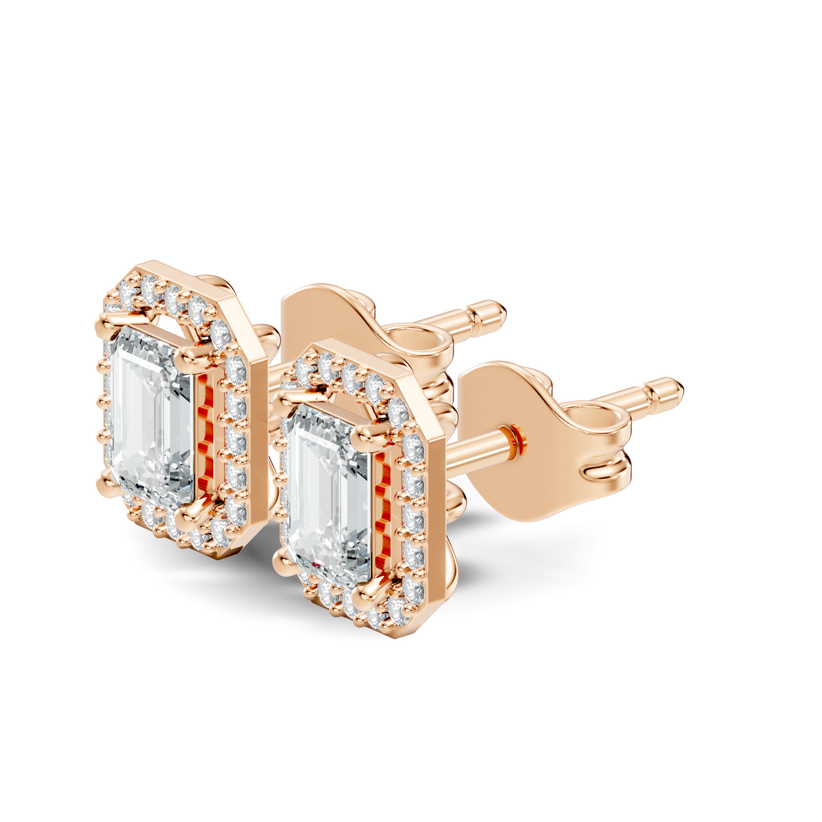 Octagon halo diamond stud earrings with emerald center stones