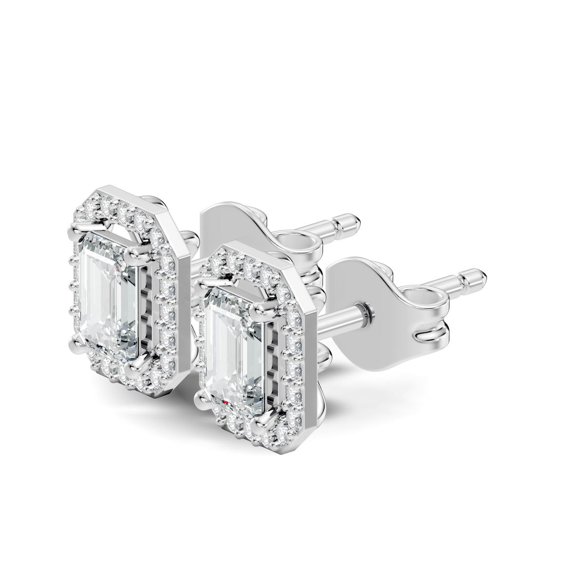 Emerald cut stud earrings with double sparkle halo design