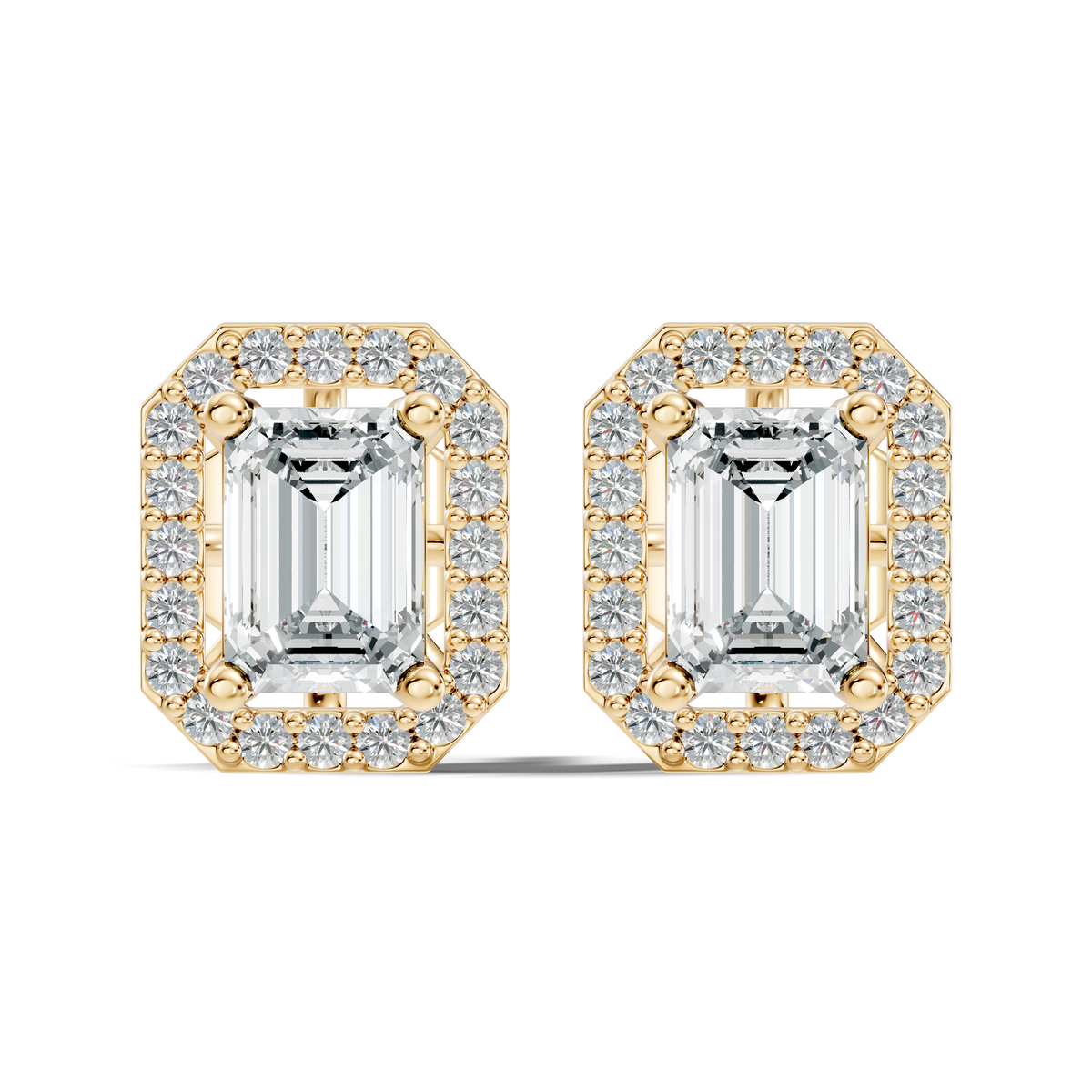 Yellow gold emerald cut diamond earrings with round halo