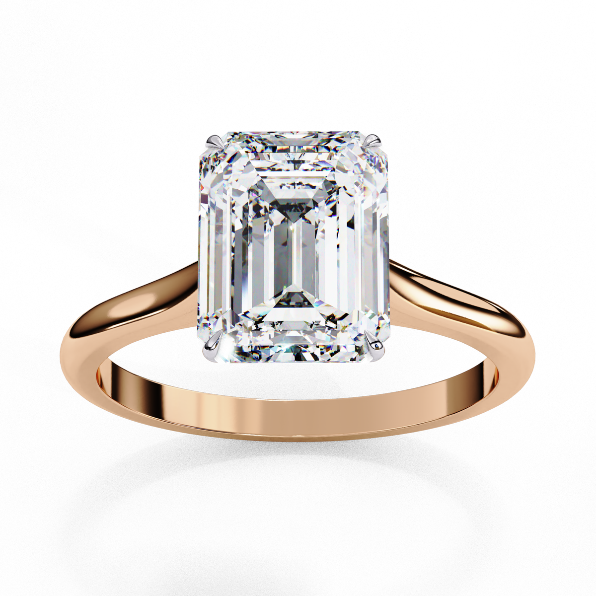 Angled view of emerald cut diamond solitaire ring with polished finish