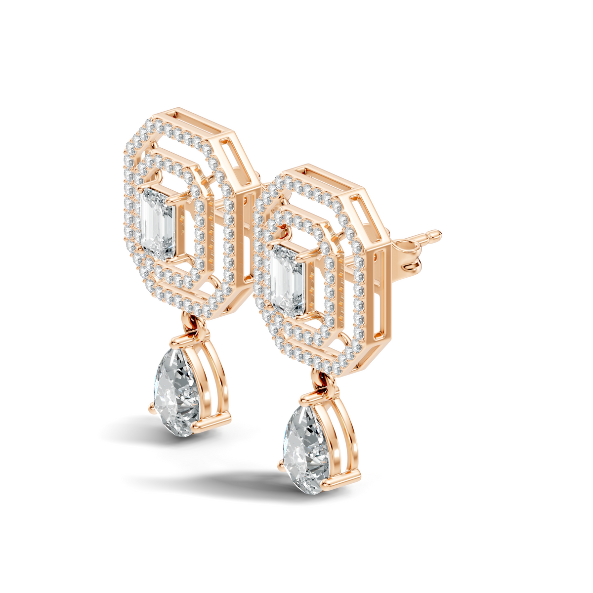 Elegant  2.48 Ct Emerald Cut Diamond Earrings with Pear Drop Accent In 14K Solid Gold - HIGHCARAT DIAMONDS