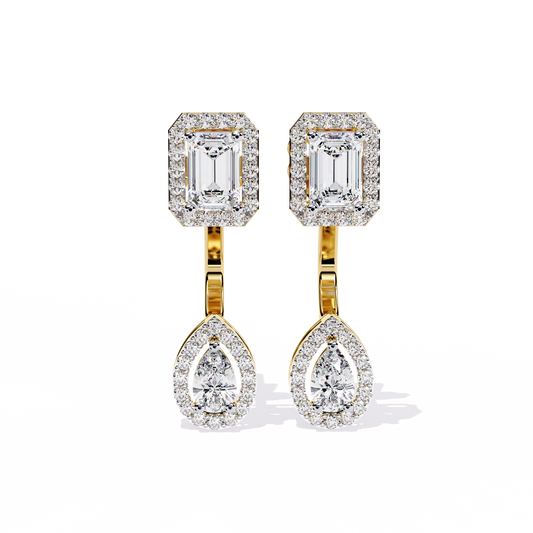 Yellow gold emerald and pear cut diamond drop earrings with halo setting front look