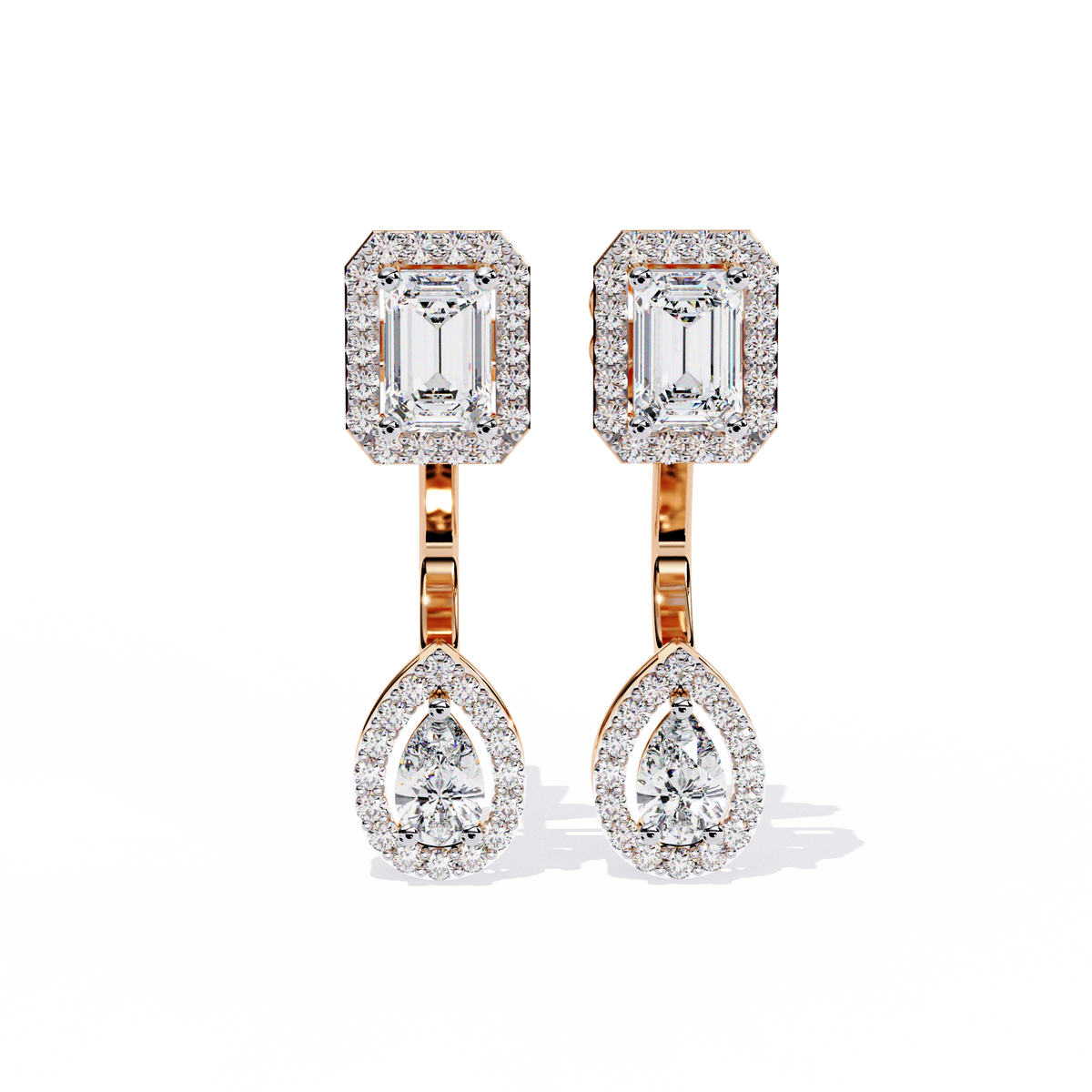 Front view of emerald cut and pear shape lab diamond halo drop earrings in white gold