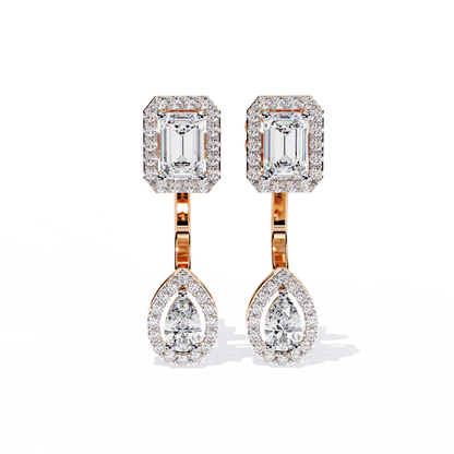Front view of emerald cut and pear shape lab diamond halo drop earrings in white gold
