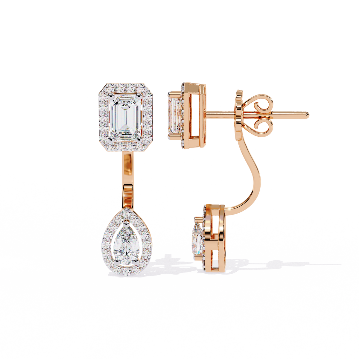 Rose gold emerald cut and pear shape diamond earrings on ear styling look