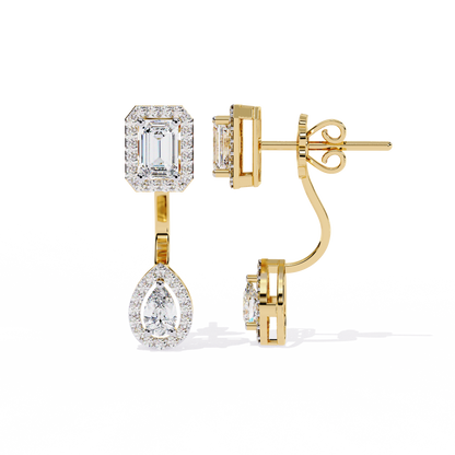 Side profile of emerald and pear cut halo drop earrings with hanging link design