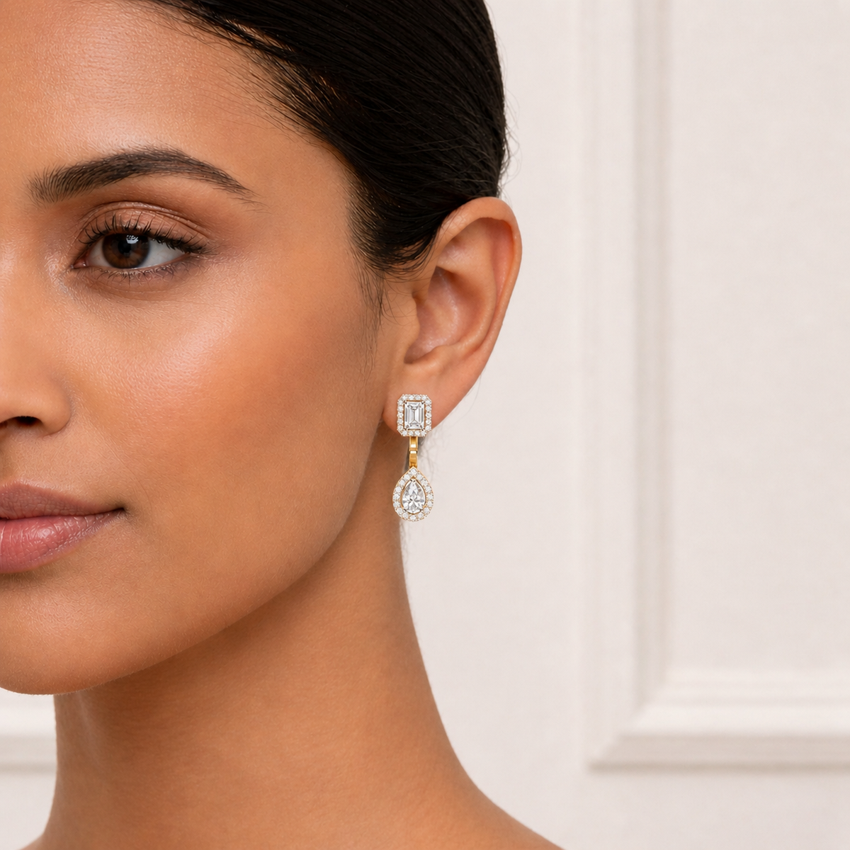 Emerald & Pear Cut Lab Grown Diamond Halo Drop Earring - HIGHCARAT DIAMONDS