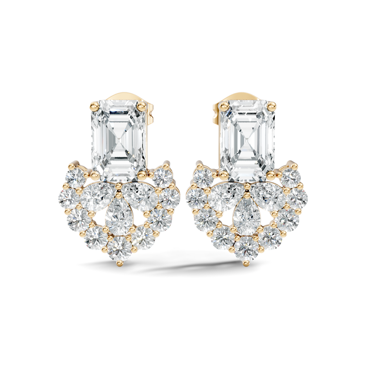 Emerald Cut & Cluster Diamond Stud Earrings In 18K White Gold Luxury Statement Design - HIGHCARAT DIAMONDS
