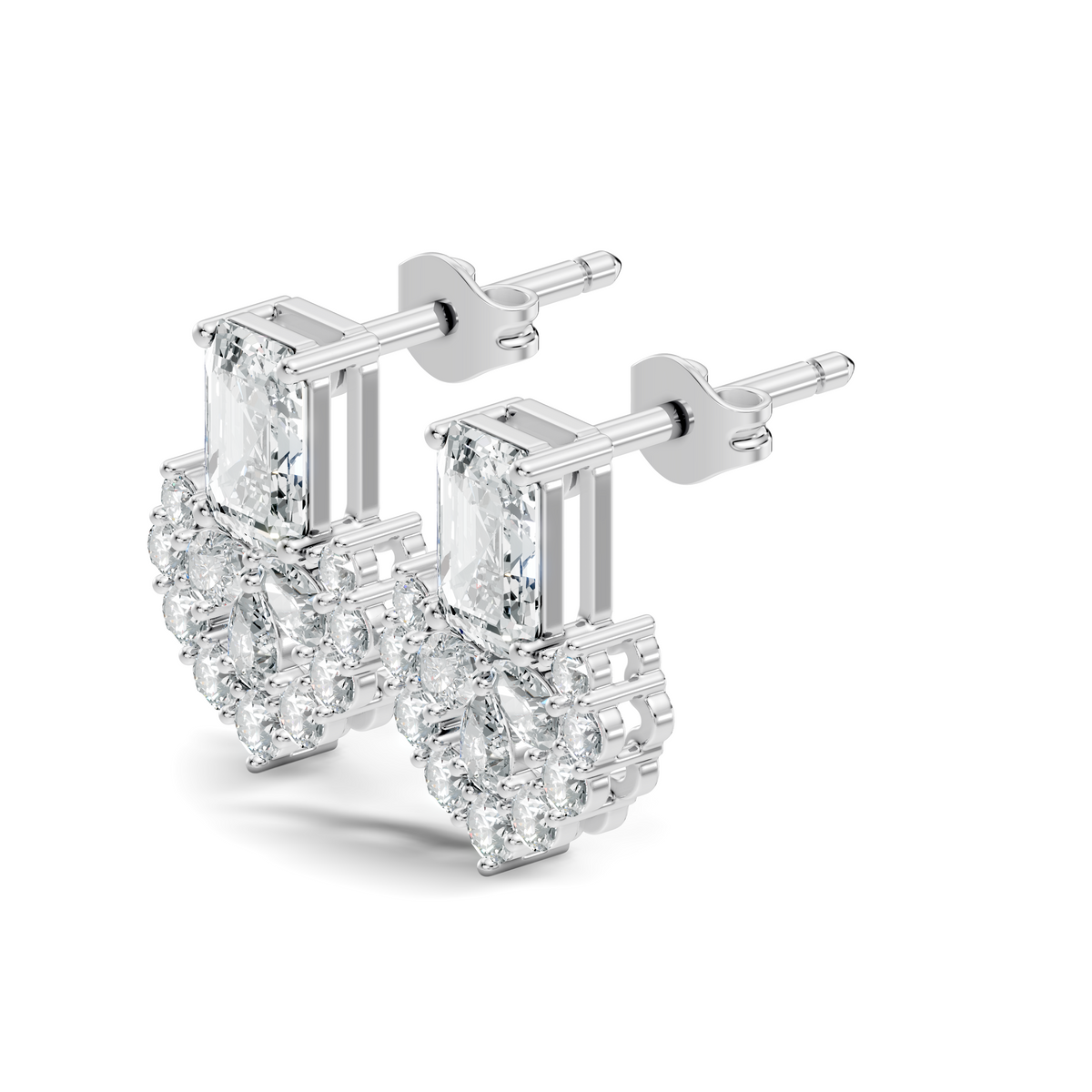 Emerald Cut & Cluster Diamond Stud Earrings In 18K White Gold Luxury Statement Design - HIGHCARAT DIAMONDS