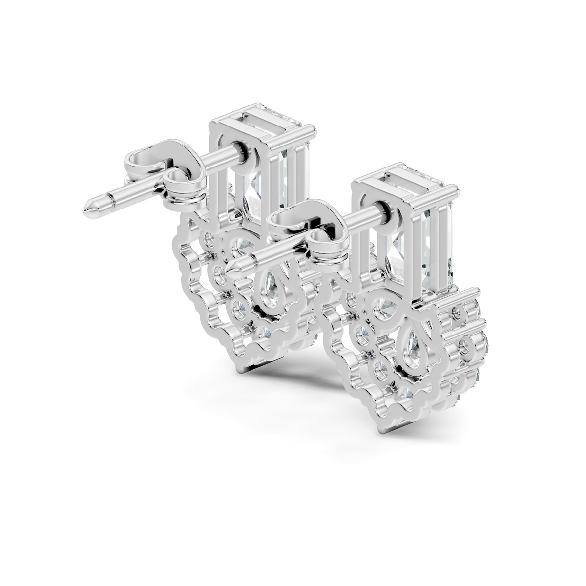 Emerald Cut & Cluster Diamond Stud Earrings In 18K White Gold Luxury Statement Design - HIGHCARAT DIAMONDS