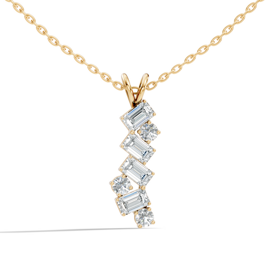 Front view of emerald and round cut lab diamond vertical pendant in rose gold